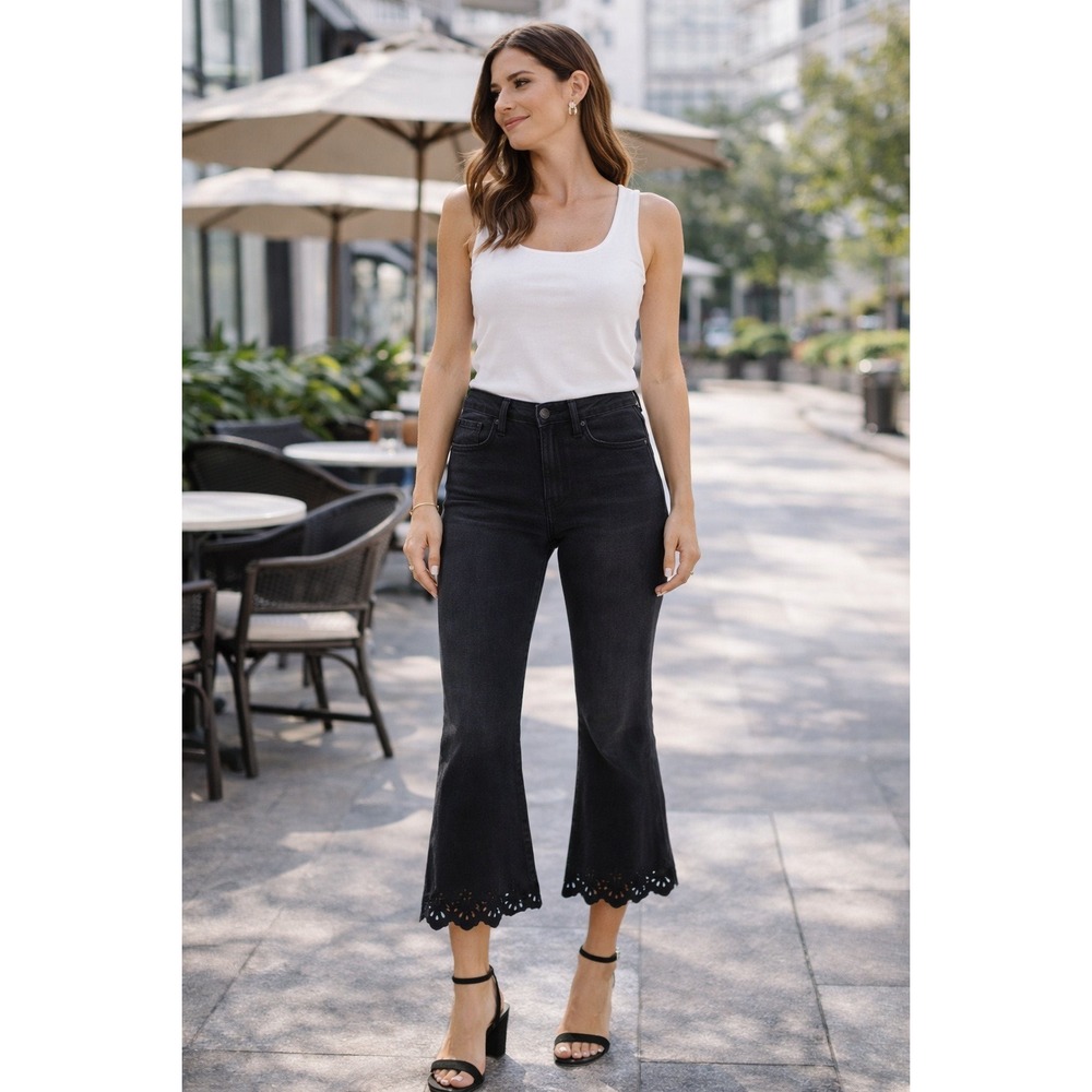 FRAME Lacey Crop Flare Jeans Black Eyelet Hem Distressed Size 26